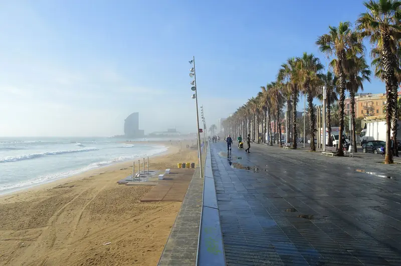 Calçadão com palmeiras ao lado da praia da Barceloneta, com um prédio em forma de vela ao fundo