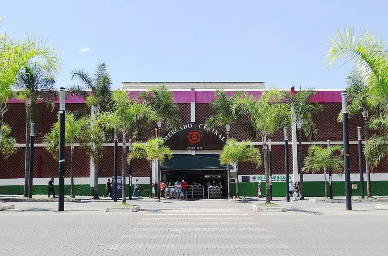 Fachada do Mercado Central de Belo Horizonte com palmeiras na calçada e a inscrição desde 1929