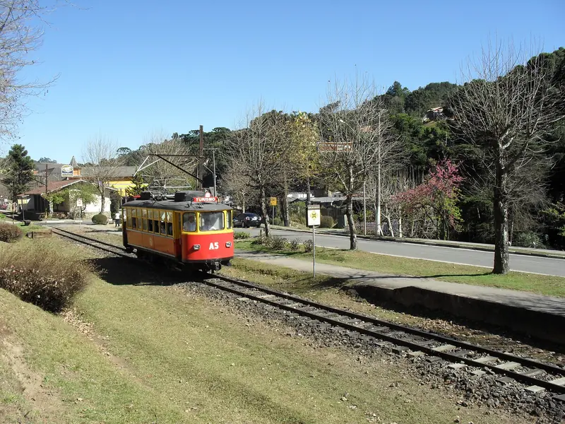 Bonde amarelo e vermelho da Estrada de Ferro Campos do Jordão nos trilhos, ao lado de uma avenida arborizada