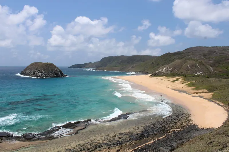 Praia do Leão com areia clara, mar azul e o Morro do Leão à esquerda