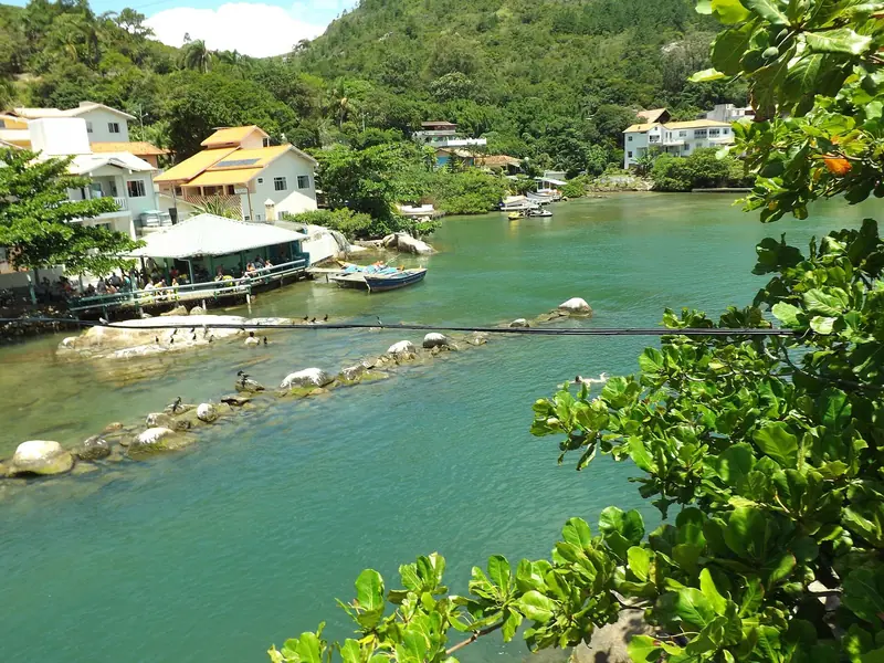 Canal da Barra da Lagoa com água verde, barcos e casas na margem cercadas de mata