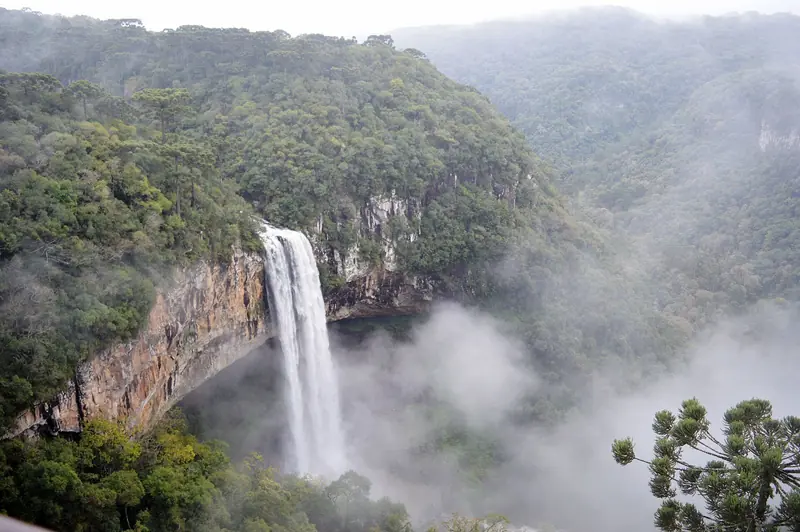 Cascata do Caracol caindo num cânion cercado de mata, com névoa no fundo do vale