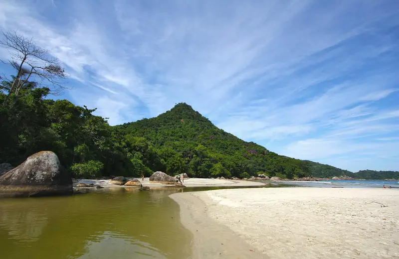 Rio de água escura encontrando a areia branca da Praia de Dois Rios, com morro coberto de mata