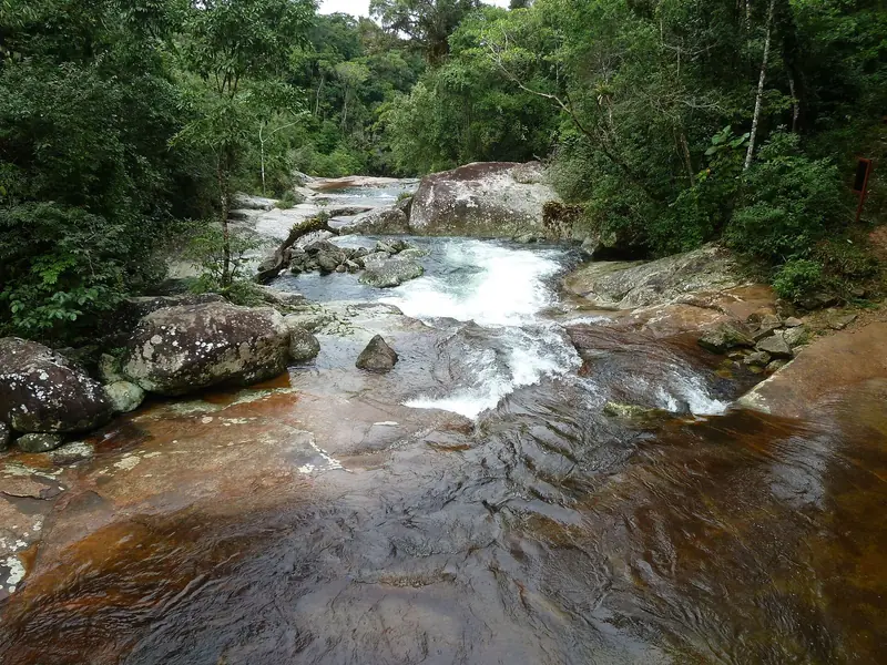 Corredeira sobre lajes de pedra na Cachoeira da Laje, cercada de mata