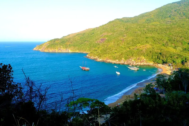 Enseada da Praia do Jabaquara com barcos ancorados e morro coberto de mata