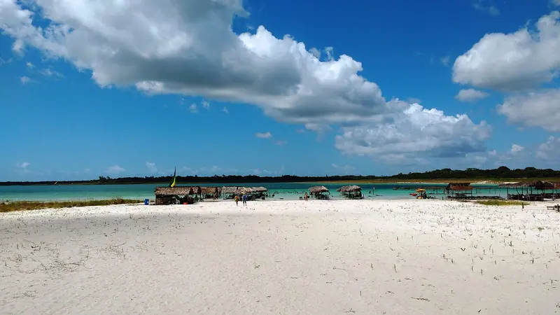 Faixa de areia branca na beira da Lagoa de Jijoca, com quiosques de palha e água verde-azulada ao fundo