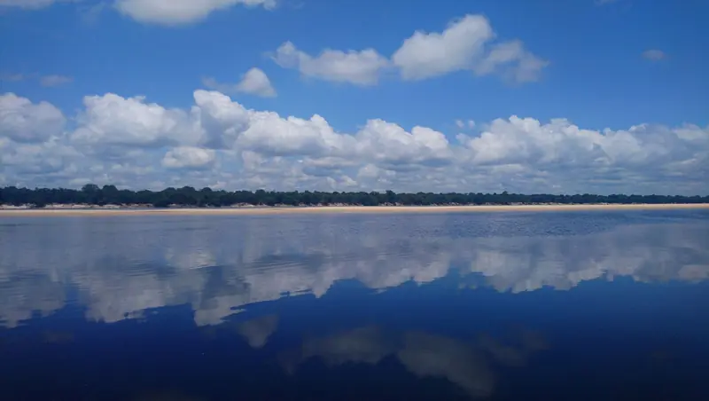Rio Negro liso refletindo nuvens, com a faixa de areia e a floresta de uma ilha de Anavilhanas ao fundo