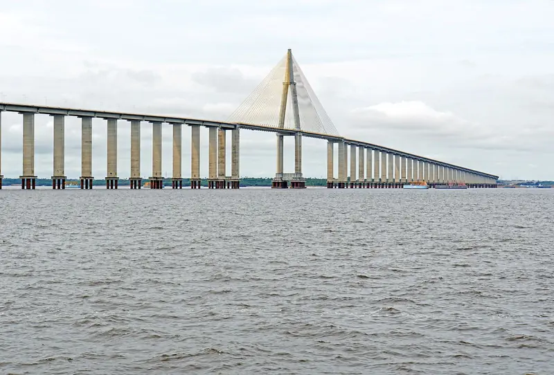 A Ponte Rio Negro vista do rio, com o mastro central e os estais sobre a água