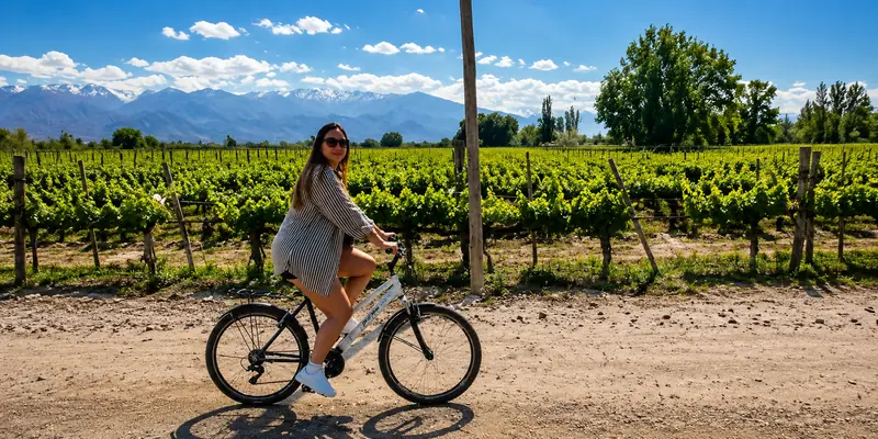 Ciclista pedalando numa estrada de terra entre parreiras, com a cordilheira nevada ao fundo