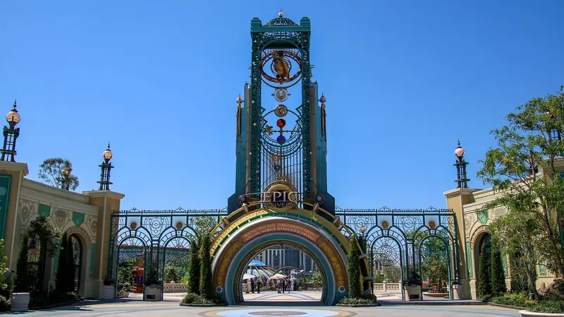 Portal do Epic Universe, com a torre Chronos verde e dourada sobre o arco de entrada