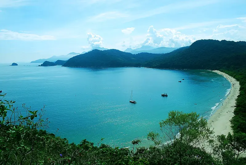 Praia do Sono vista do alto, em curva, com mar azul e mata em volta
