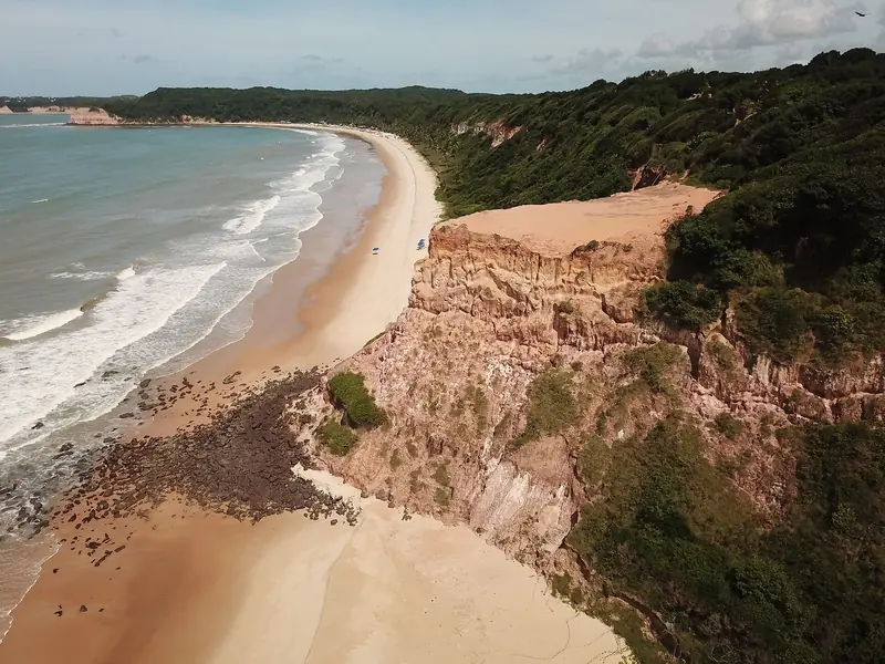 Vista aérea de uma praia longa e curva ao pé de uma falésia alta coberta de mata, com o mar quebrando à esquerda