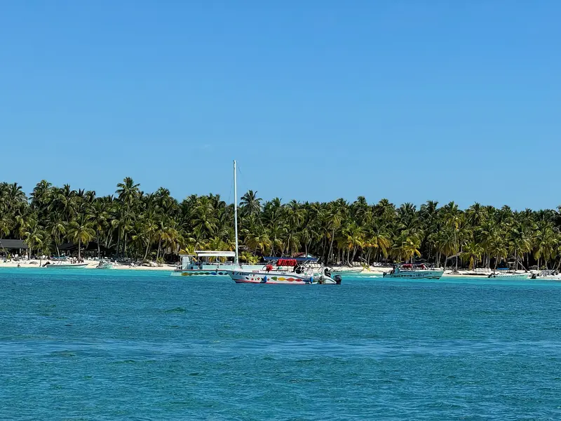 Catamarã e lanchas de excursão ancorados diante de uma praia de coqueiros, com mar azul em primeiro plano
