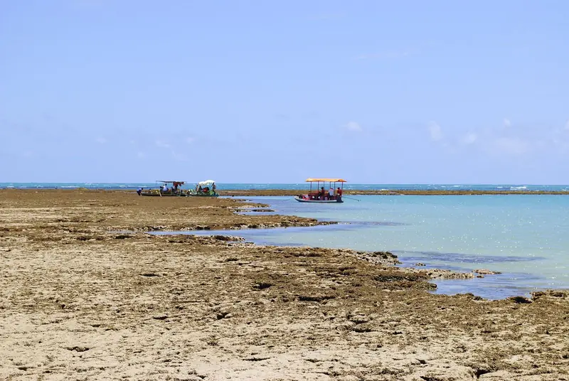 Recife exposto na maré baixa no Patacho, com jangadas de toldo colorido paradas junto às piscinas naturais