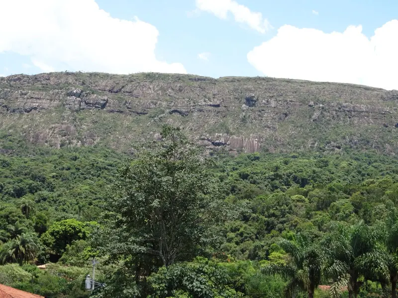 Paredão de pedra da Serra de São José acima de uma faixa de mata