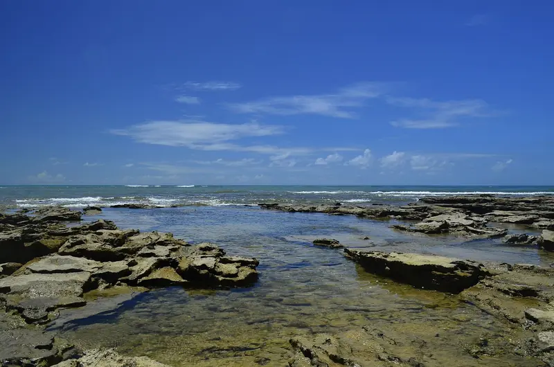 Recife exposto na maré baixa, com poças de água transparente entre as pedras e o mar azul ao fundo