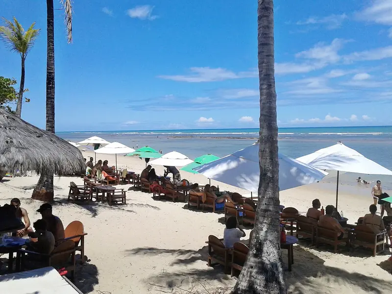 Praia com barracas de guarda-sol branco e verde sob coqueiros, mar azul e faixa de recife ao fundo