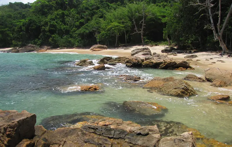 Praia do Cedro com pedras grandes na água verde-clara e mata atrás da areia